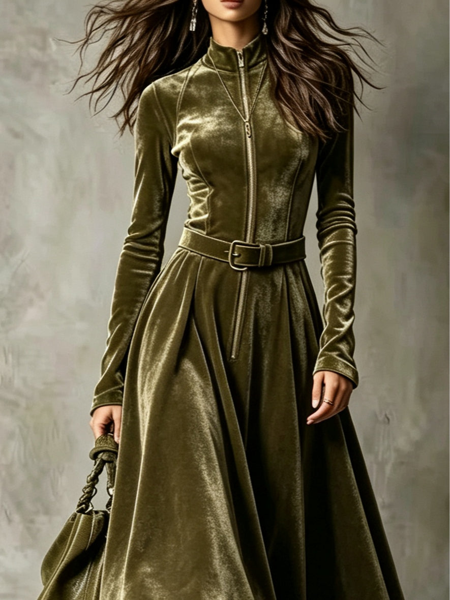 Raffaella | Long olive green velvet dress with vintage-style front zip (belt included)