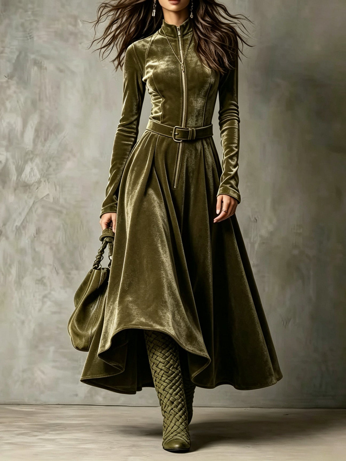 Raffaella | Long olive green velvet dress with vintage-style front zip (belt included)