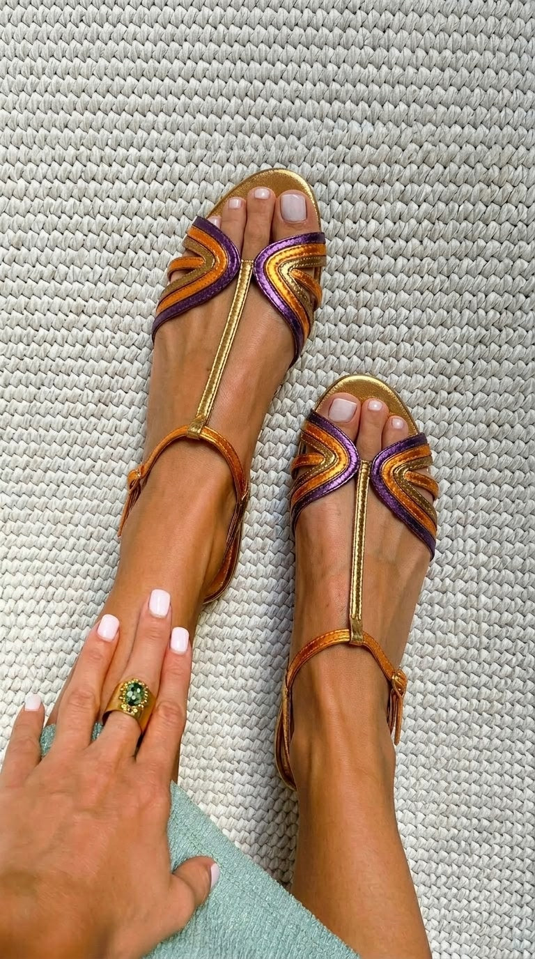Sandali peep toe metallizzati Viola e Oro con cinturino a T
