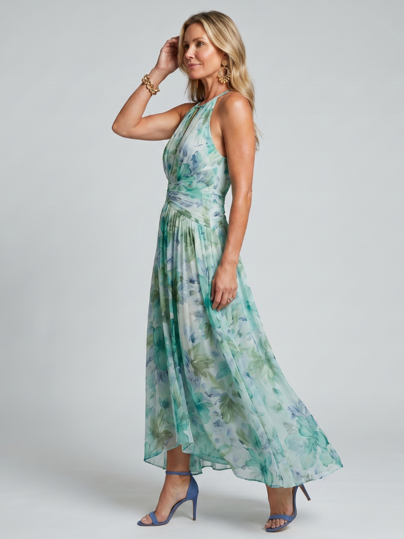 Portia | Abito midi a fascia plissettato con motivo floreale morbido