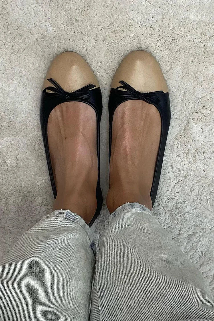 Ballerine color block Nero a punta tonda con fiocco