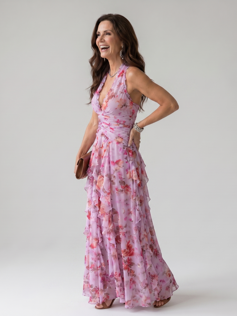 Nori | Abito Maxi Floreale con Corpino Arricciato e Scollo Halter