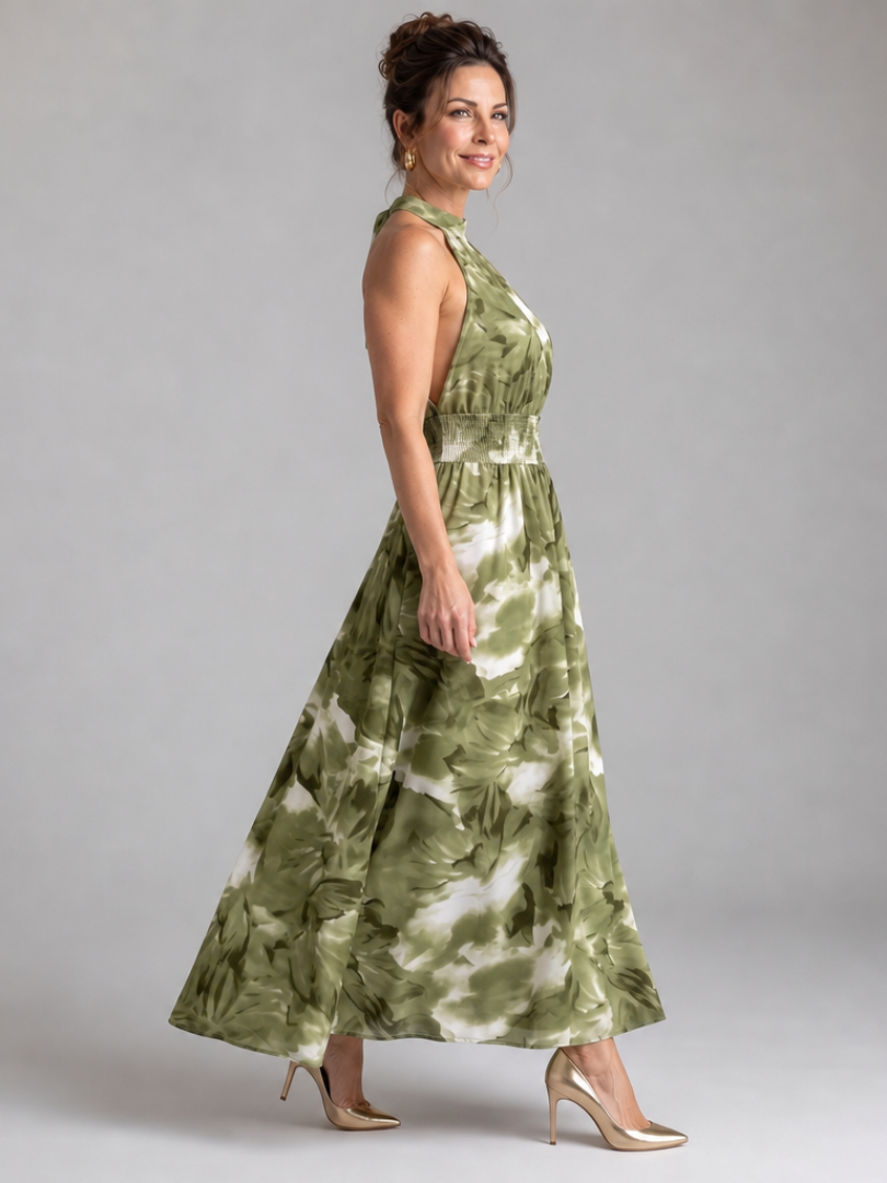 Olivia | Abito Midi con Vita Arricciata e Stampa Astratta
