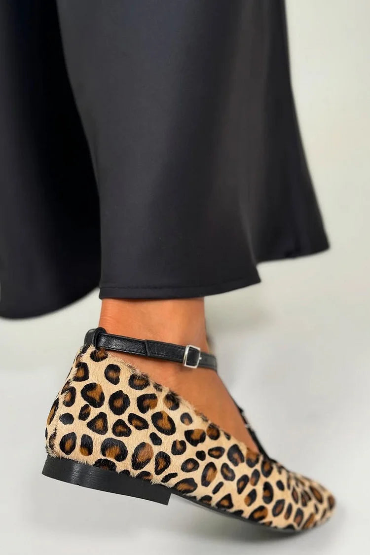 Ballerine color block stampa leopardata Beige con fibbia e cinturino a T [Pre-Order]