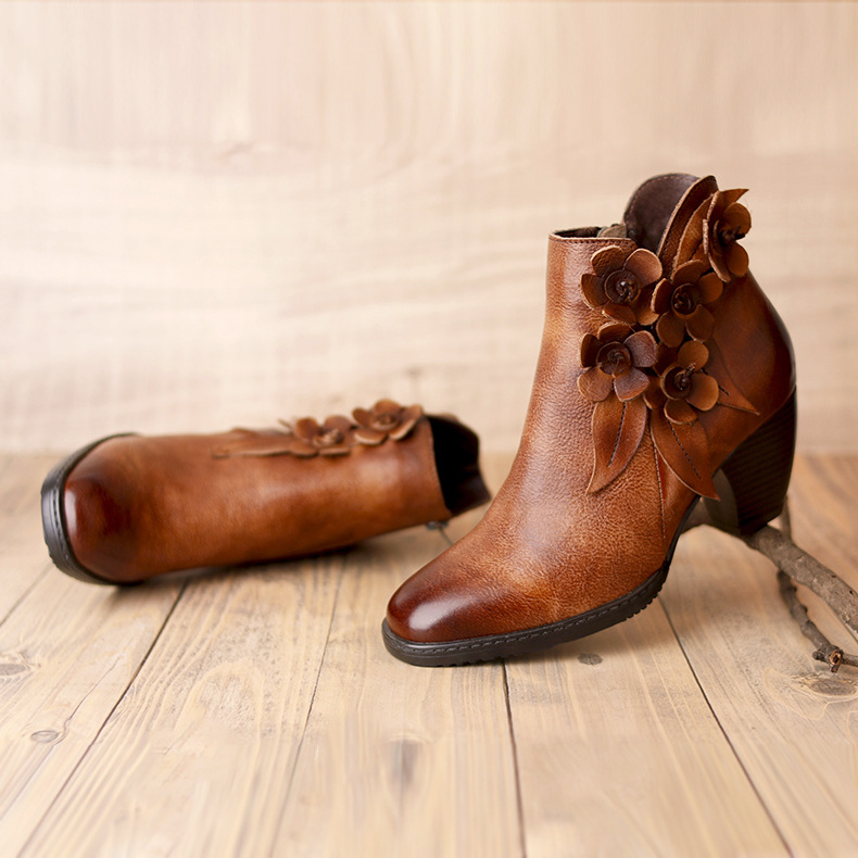 Juliette - Retro Handmade Floral Leather Solid Colour Ankle Boots