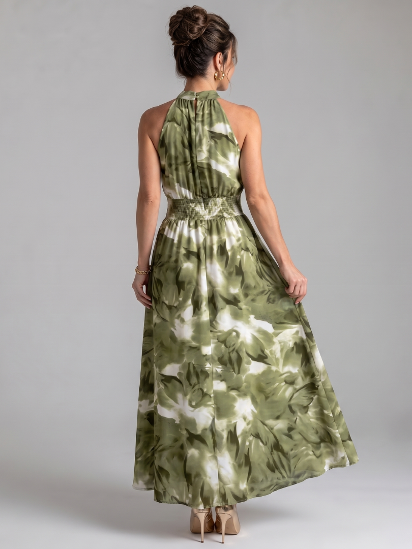Olivia | Abito Midi con Vita Arricciata e Stampa Astratta