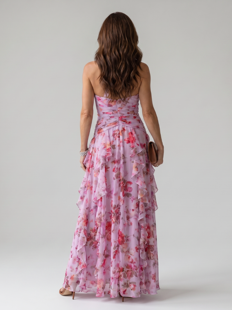 Nori | Abito Maxi Floreale con Corpino Arricciato e Scollo Halter