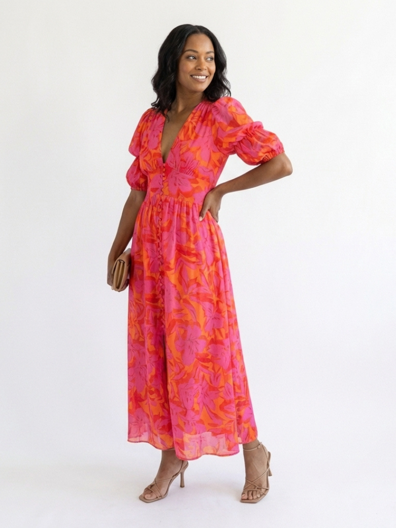 Willow | Abito Midi a V Fiori con Maniche a Palloncino