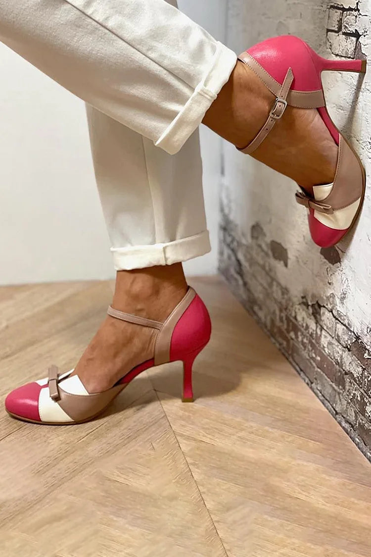 Tacchi a spillo color block patchwork Fucsia a punta tonda con fiocco