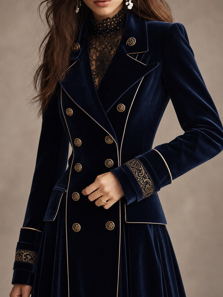 Cordelia | Long Velvet Double-Breasted Coat with Golden Trimmings, Navy Blue