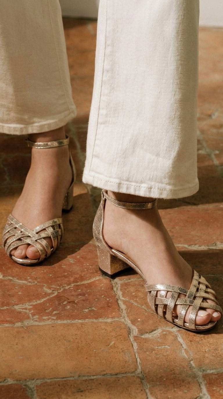 Tacchi larghi peep toe intrecciati Oro con cinturino alla caviglia e fibbia