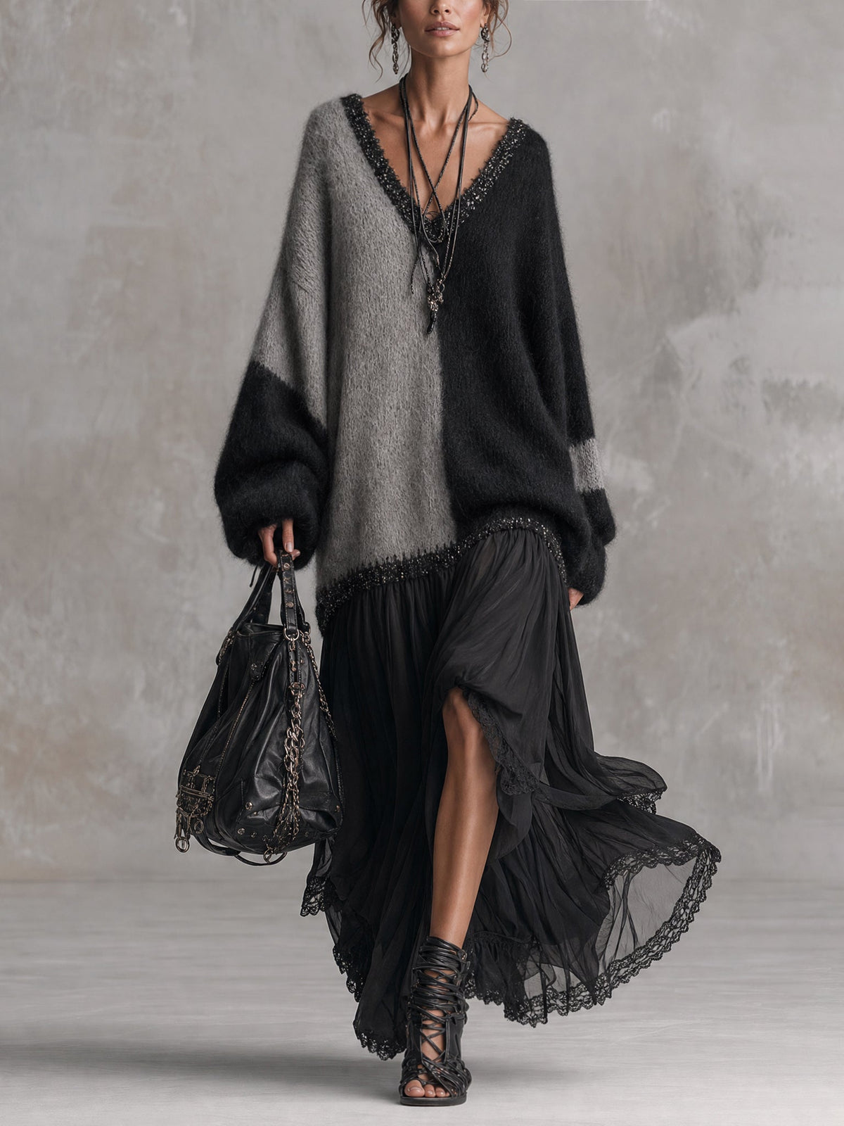 Black And Grey Chiffon Patchwork Oversized Knit Maxi Dress