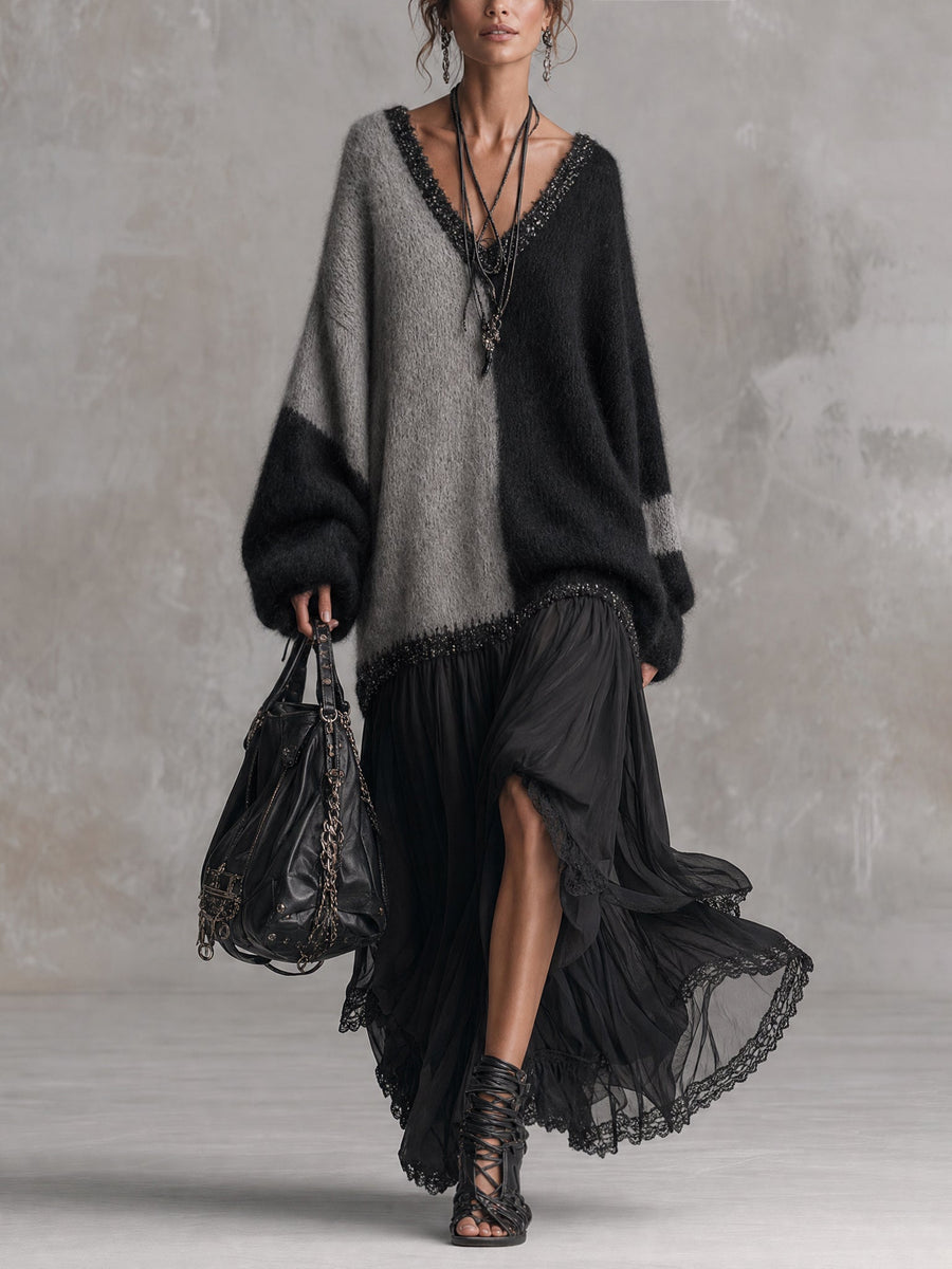 Black And Grey Chiffon Patchwork Oversized Knit Maxi Dress
