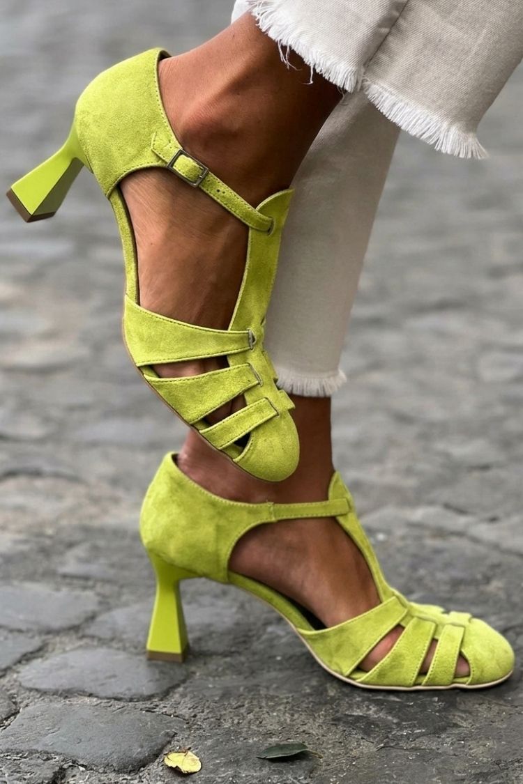 Sandali con tacco cut-out crochet Verde a punta chiusa