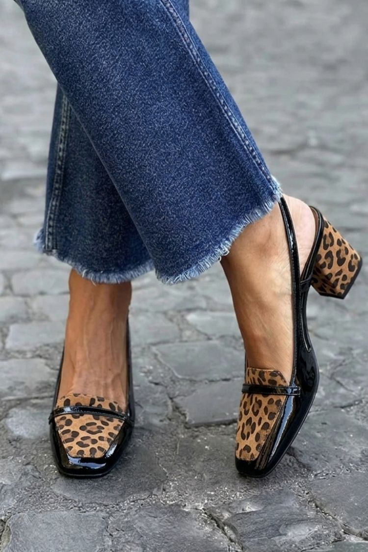 Tacchi larghi slingback patchwork Viola a punta quadrata