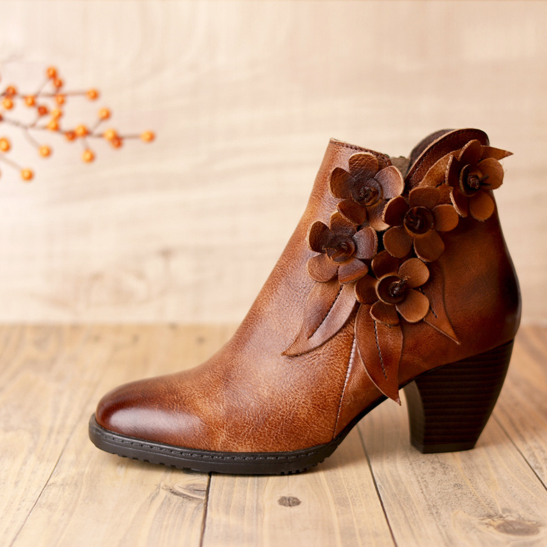 Juliette - Retro Handmade Floral Leather Solid Colour Ankle Boots