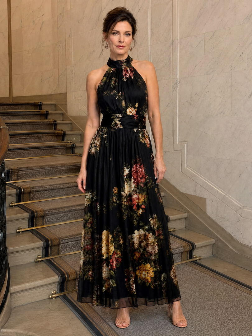 Sior | Abito Midi con Collo All'Americana a Fiori