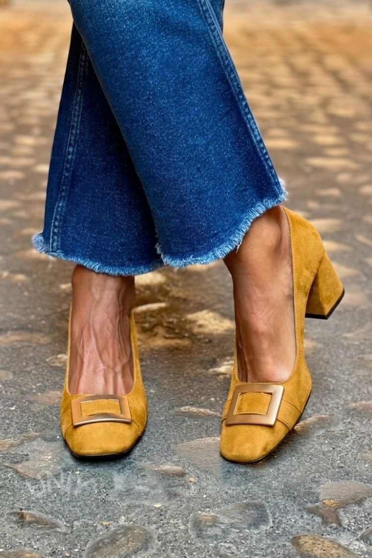 Tacchi larghi patchwork Blu Navy a punta quadrata