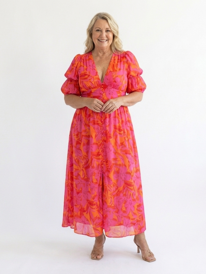 Willow | Abito Midi a V Fiori con Maniche a Palloncino