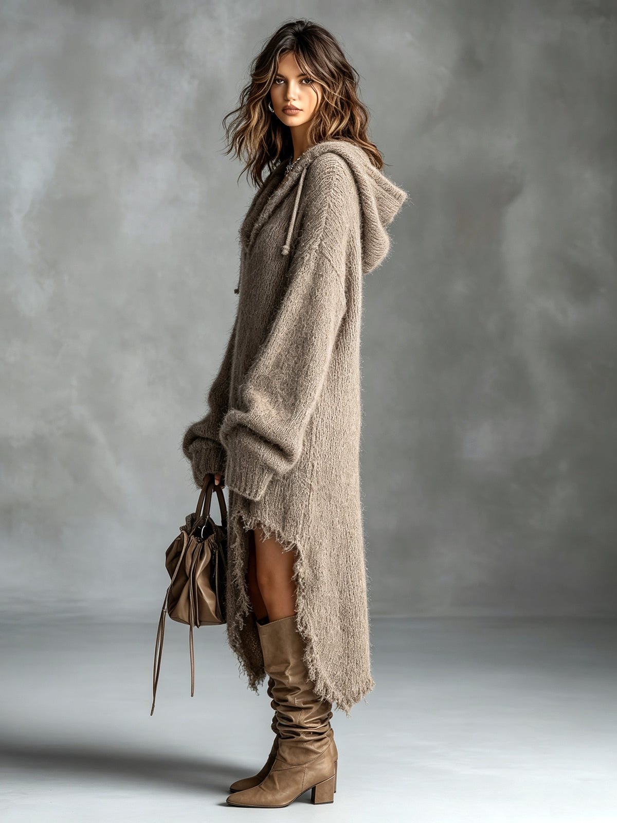 Elena | Fuzzy Knit Hooded Oversized Midi Dress