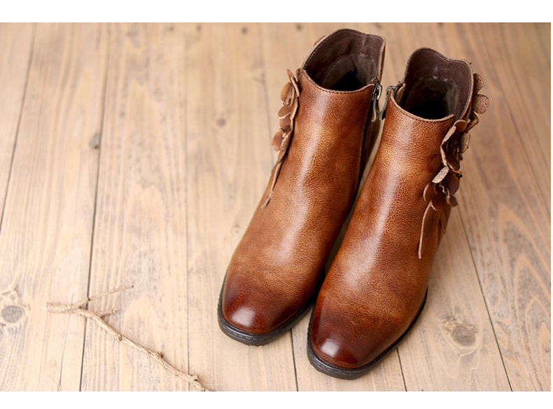 Juliette - Retro Handmade Floral Leather Solid Colour Ankle Boots