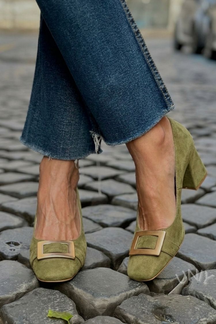 Tacchi larghi patchwork Blu Navy a punta quadrata