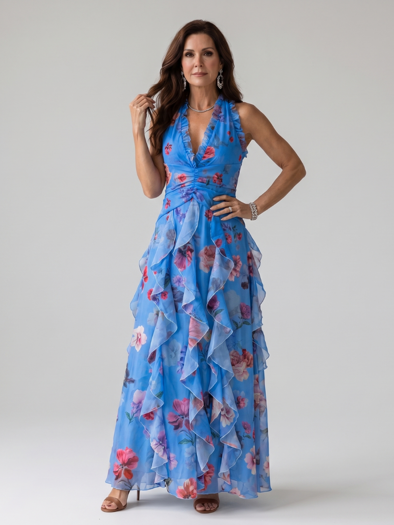 Nori | Abito Maxi Floreale con Corpino Arricciato e Scollo Halter