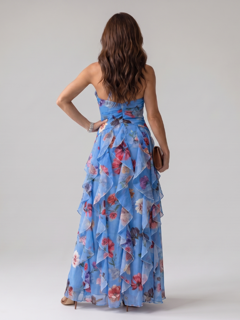 Nori | Abito Maxi Floreale con Corpino Arricciato e Scollo Halter