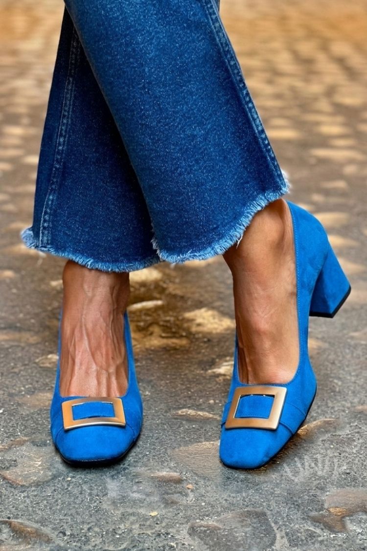 Tacchi larghi patchwork Blu Navy a punta quadrata