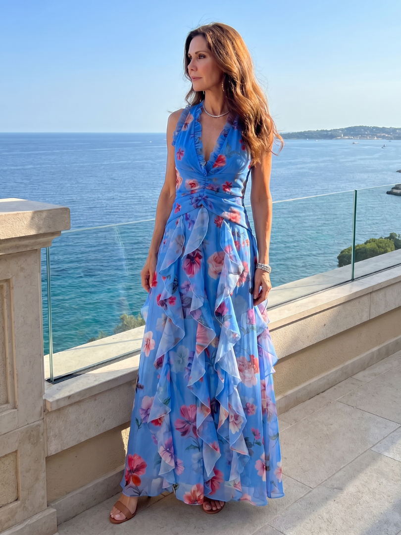 Nori | Abito Maxi Floreale con Corpino Arricciato e Scollo Halter