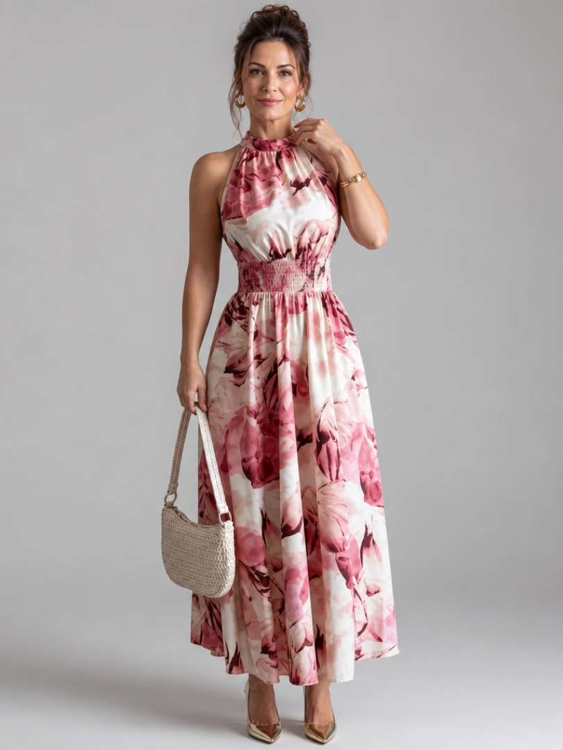 Olivia | Abito Midi con Vita Arricciata e Stampa Astratta