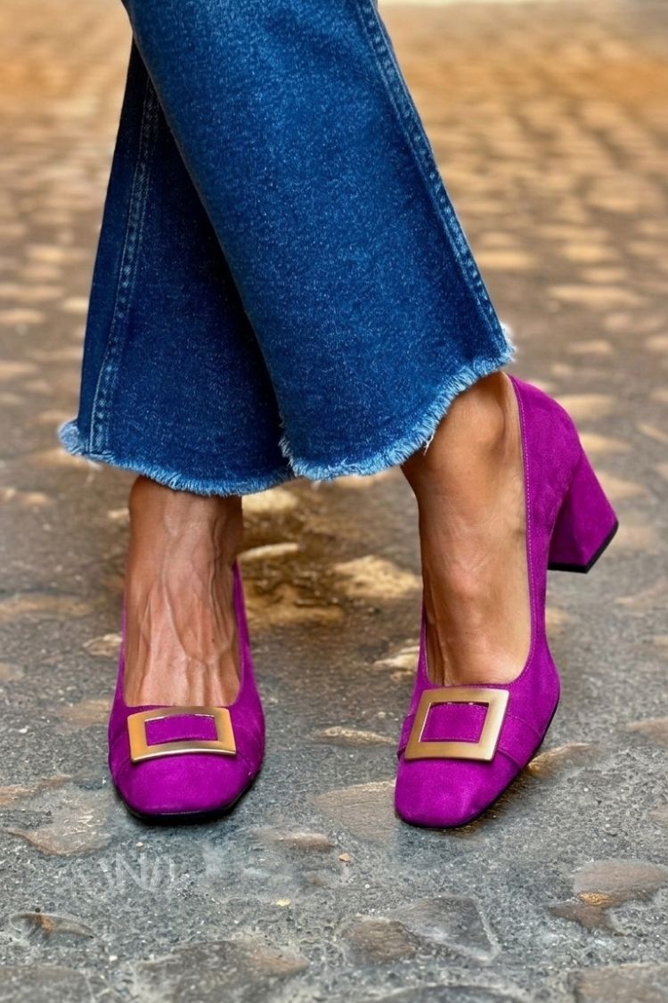 Tacchi larghi patchwork Blu Navy a punta quadrata
