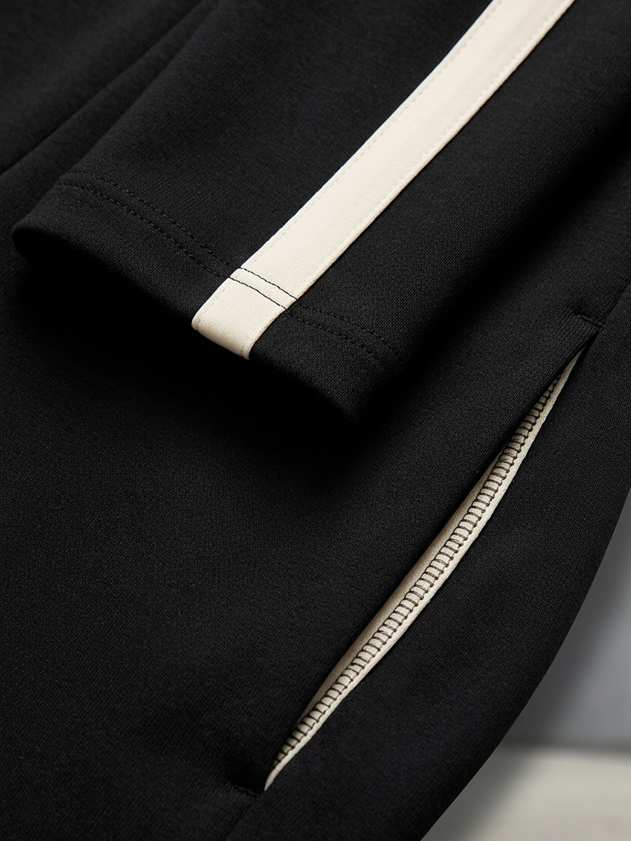 Doriana | Sports Set with Contrast Stripes and Half Zip, Black