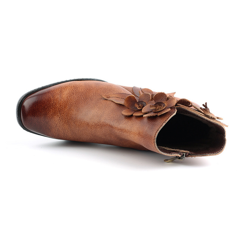 Juliette - Retro Handmade Floral Leather Solid Colour Ankle Boots