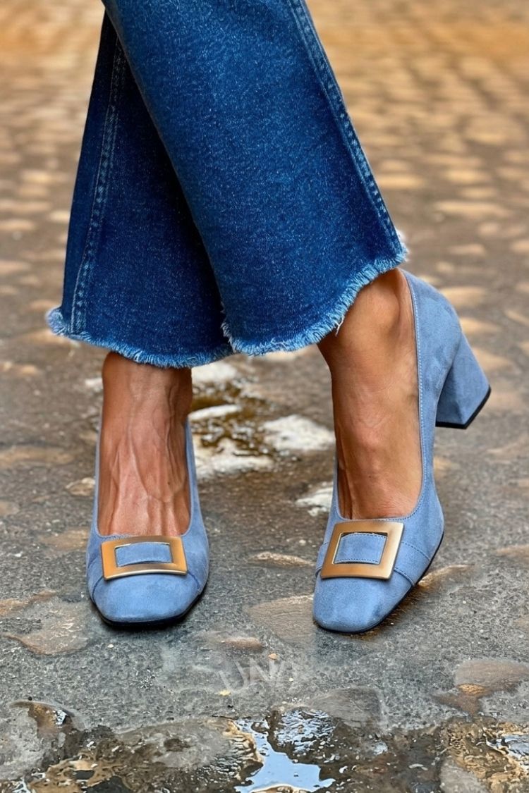 Tacchi larghi patchwork Blu Navy a punta quadrata