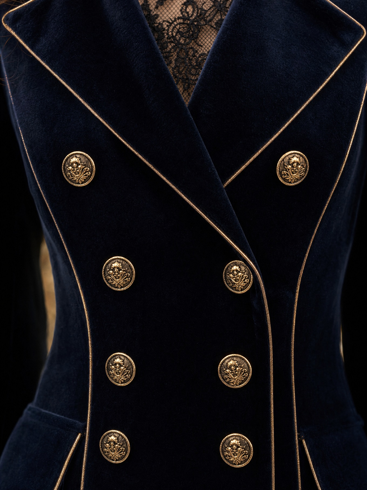 Cordelia | Long Velvet Double-Breasted Coat with Golden Trimmings, Navy Blue