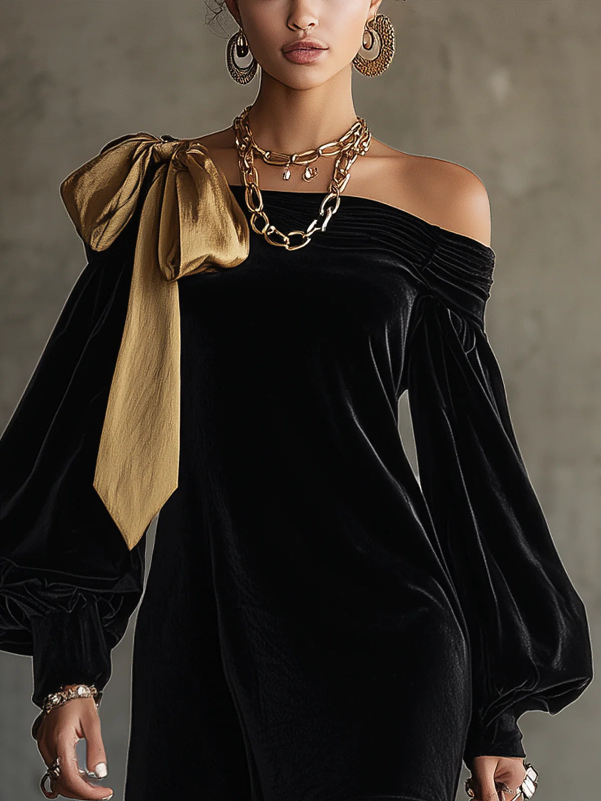 Black Velvet and Gold Satin Patchwork Off-Shoulder Mini Dress
