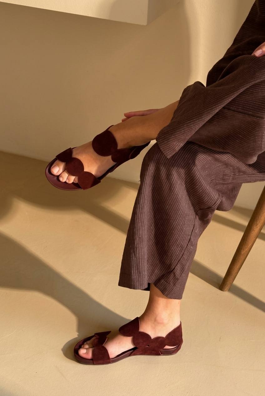 Sandali boho estivi bassi Bordeaux con cinturino smerlato