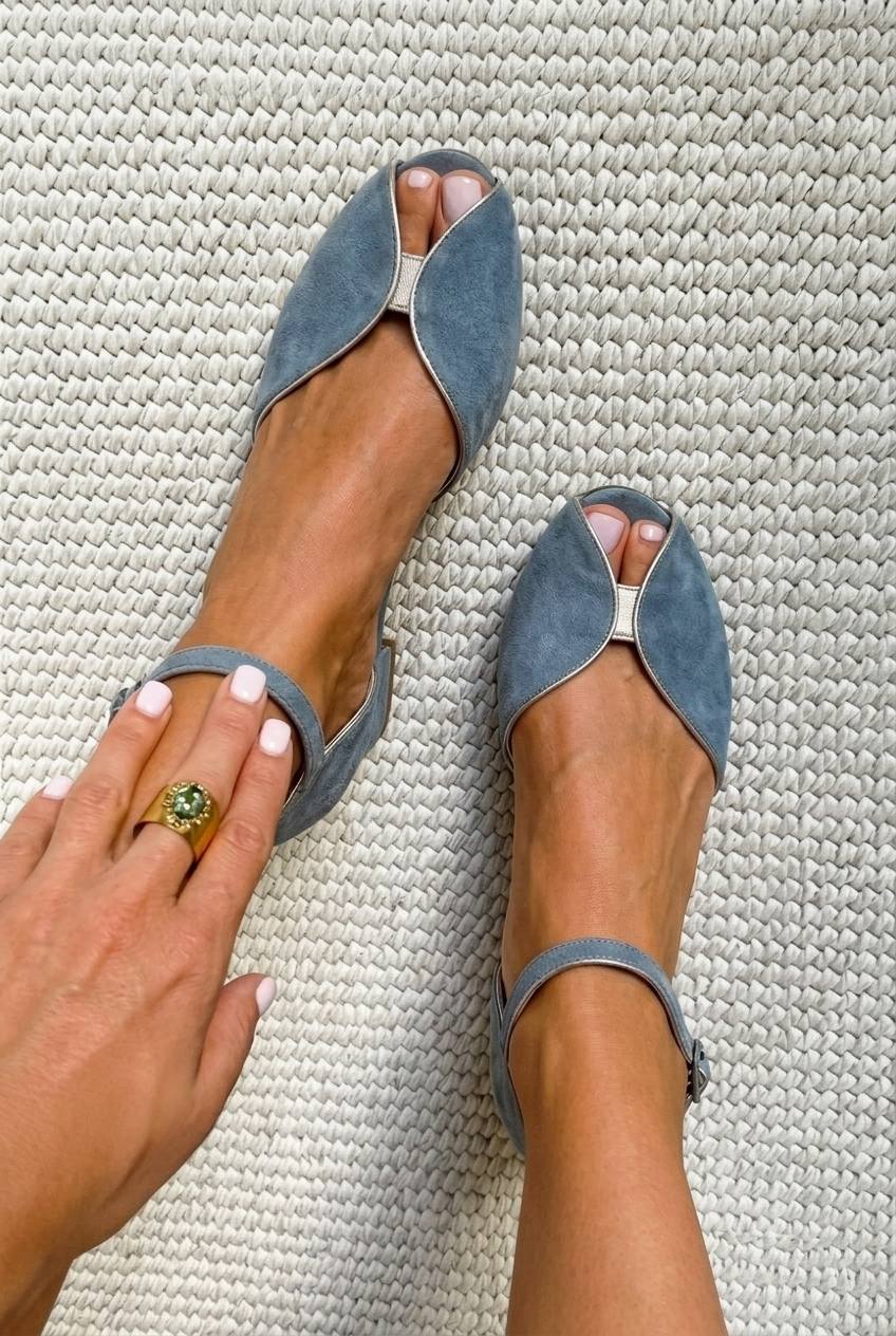 Ballerine peep toe scamosciate chic Blu con bordo metallizzato