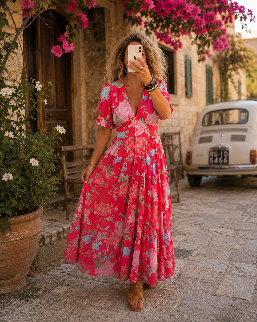 Minelda | Elegante abito floreale con scollo a V