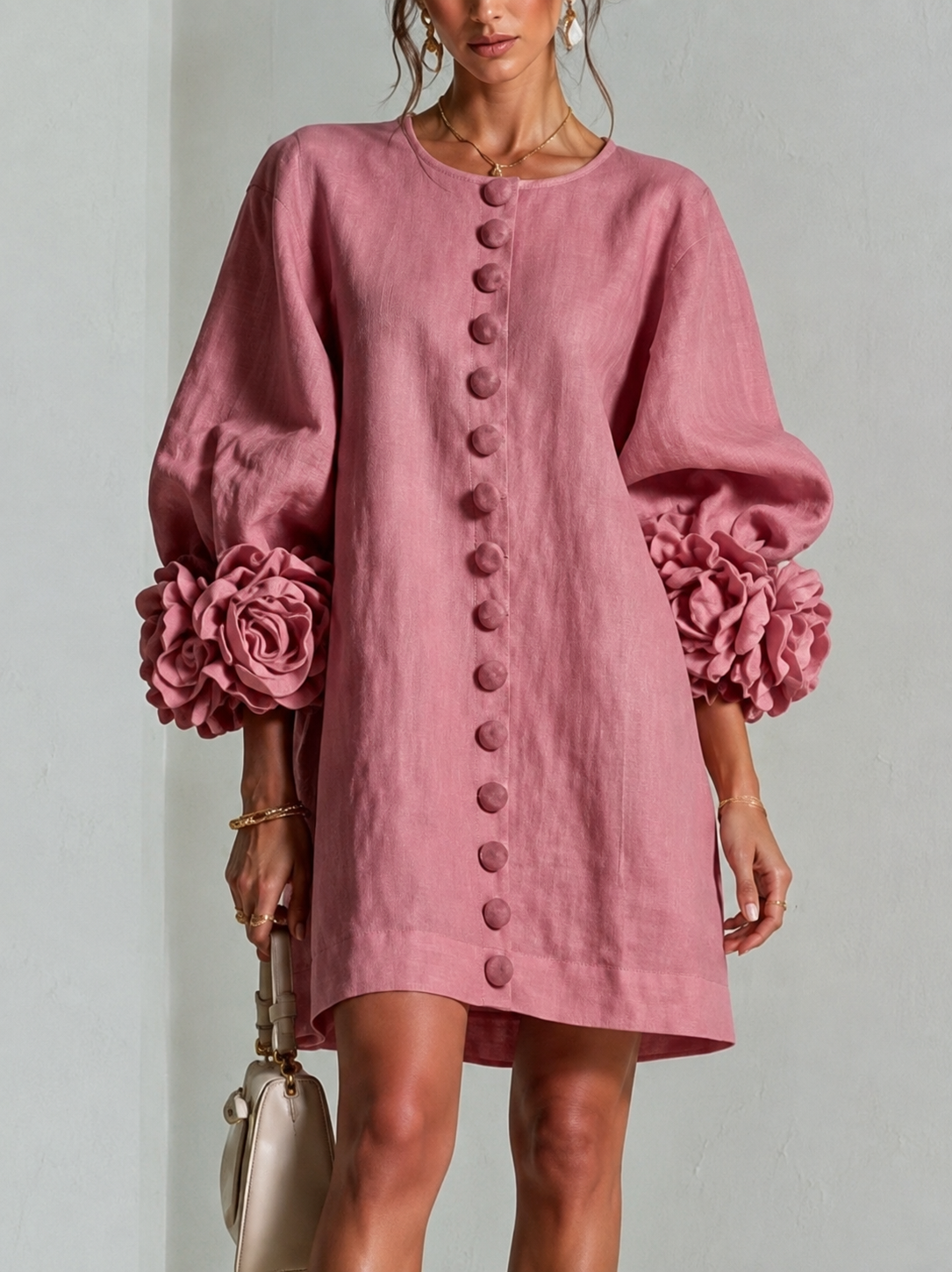 Floral Button-down Mini Dress With Striking Floral Cuffs