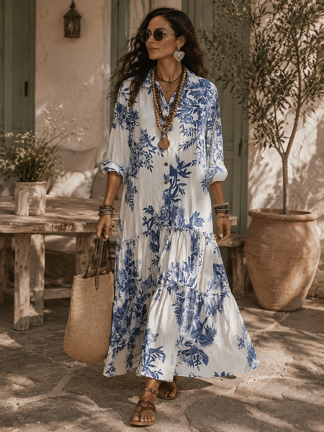 Dahlia™ | Vestito Maxi A Balze Blu Bohemien con Fiori e Bottoni