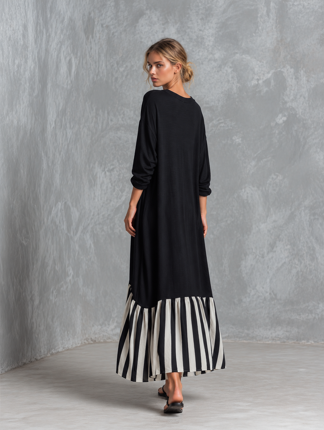 Stefania | Oversized Black Cotton Long Dress with Patchwork Stripes