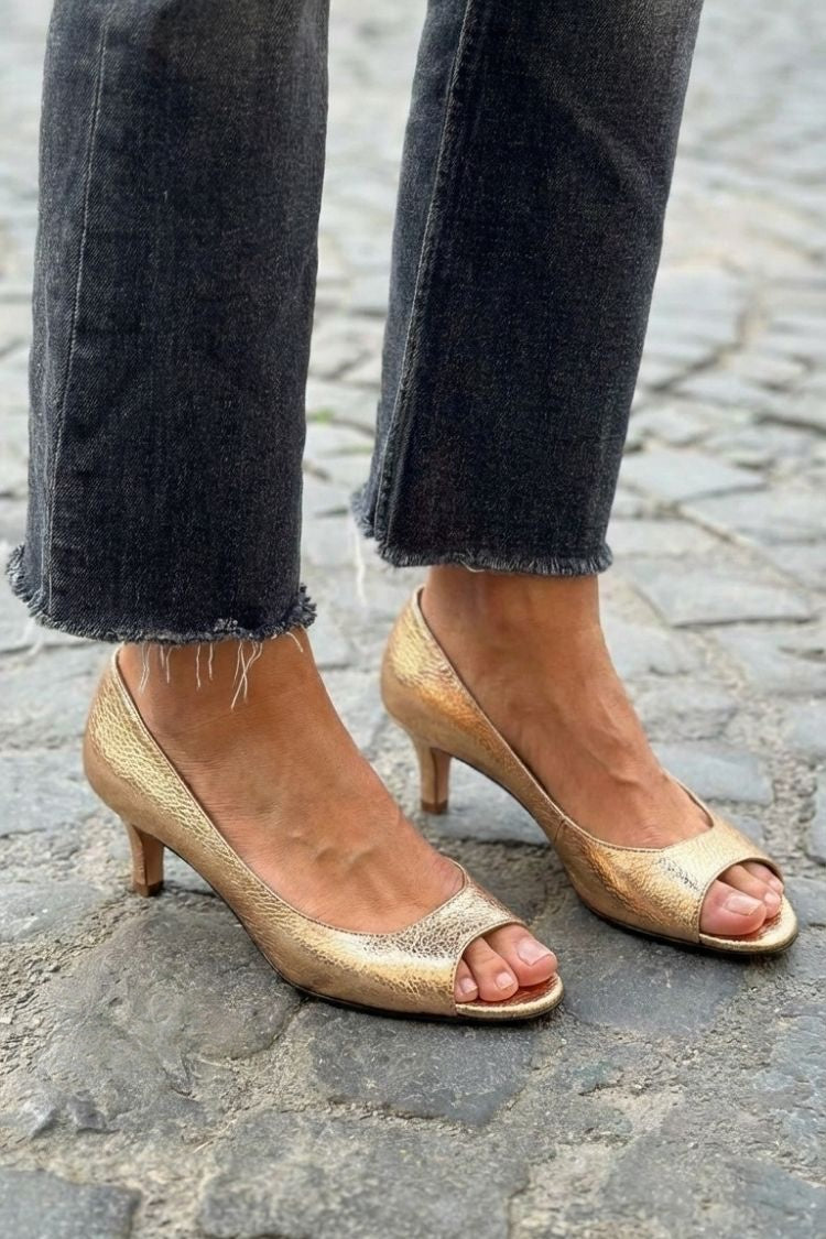 Tacchi kitten peep toe metallizzati chic Oro Champagne