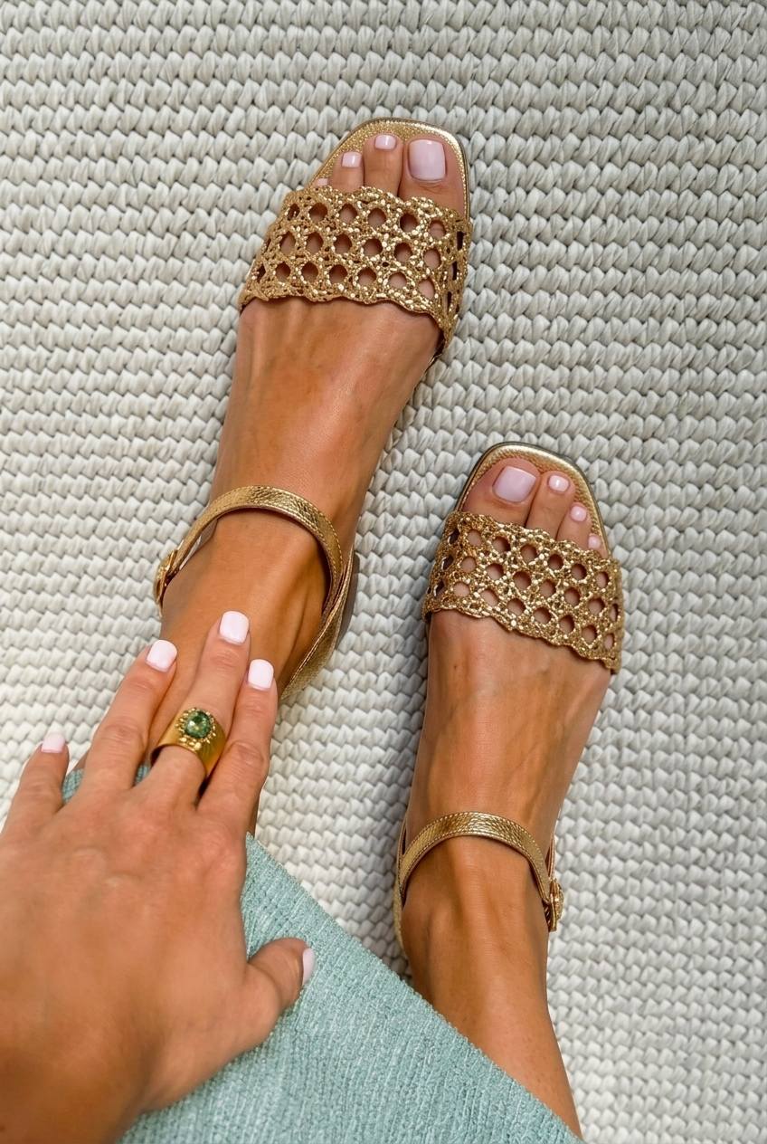 Sandali intrecciati metallizzati chic bassi Oro a punta quadrata