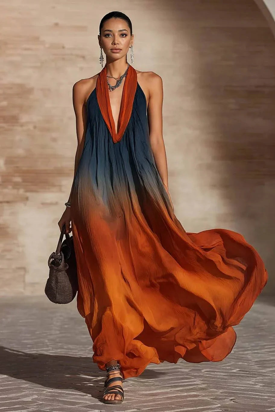 Paula | Abito lungo sfumato con scollo halter a V