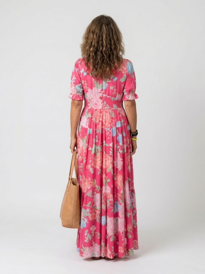 Ione | Abito Midi a Maniche Corte con Scollatura a V e Fantasia Floreale