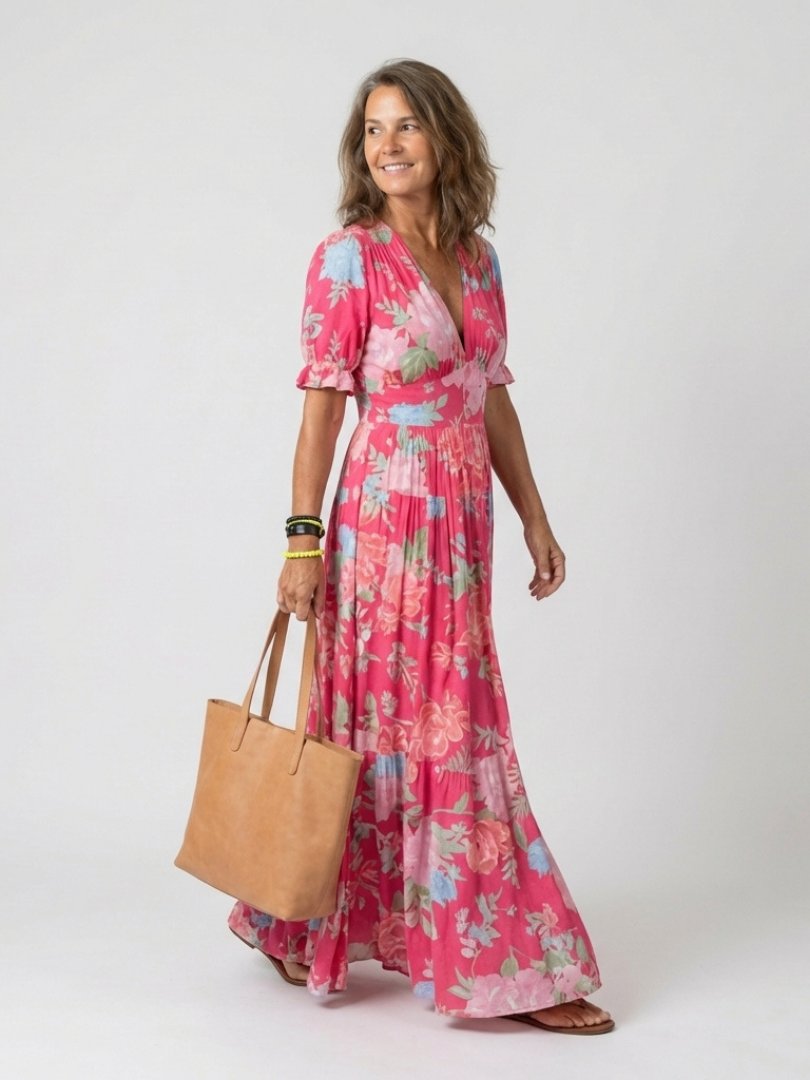 Ione | Abito Midi a Maniche Corte con Scollatura a V e Fantasia Floreale