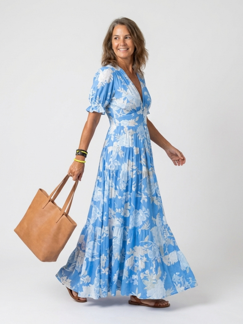 Ione | Abito Midi a Maniche Corte con Scollatura a V e Fantasia Floreale
