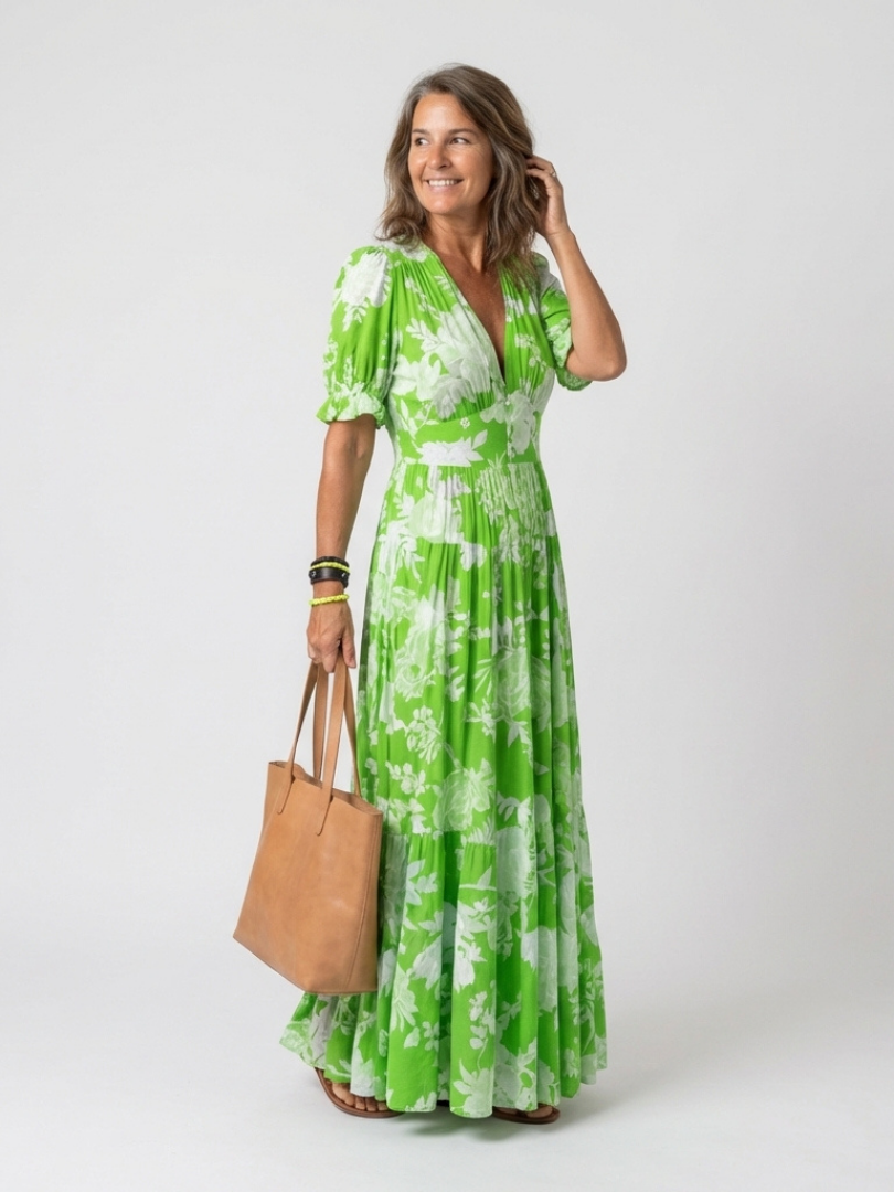 Ione | Abito Midi a Maniche Corte con Scollatura a V e Fantasia Floreale